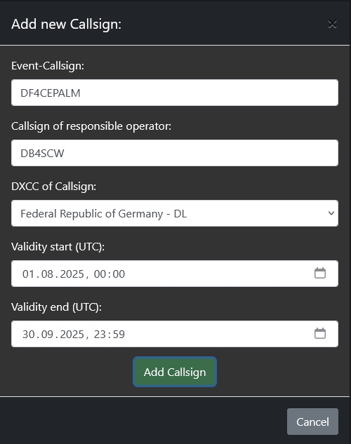 Event Callsign Creation Dialogue